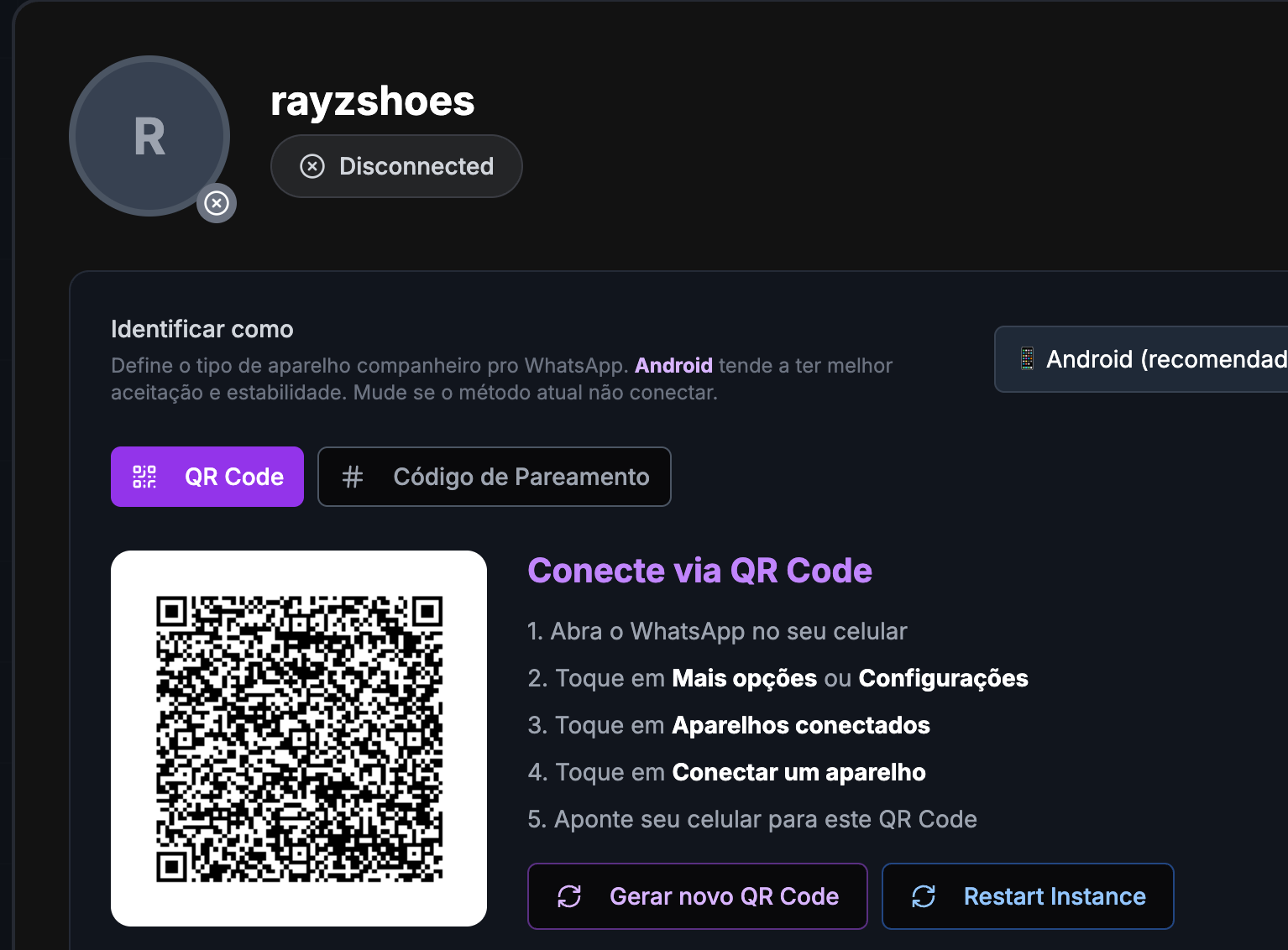 Tela com QR Code pra conectar o WhatsApp